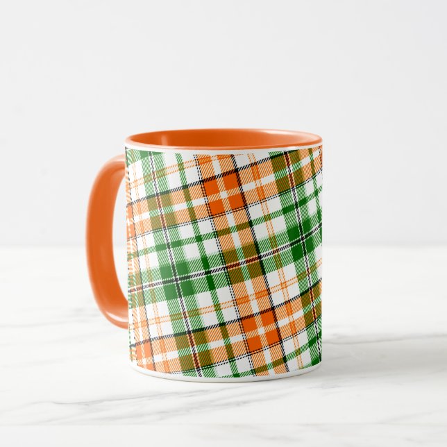 Caneca Desenho Xadrez Escocês Laranja Verde Branco (Frente Esquerda)