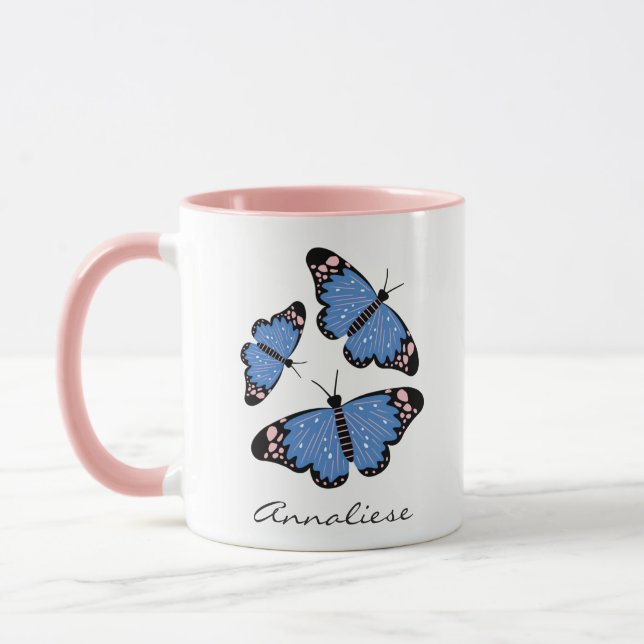 Caneca Design de Borboleta Azul Moderna Chic Personalizad (Esquerda)
