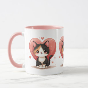 Caneca Design de Coração de Gato Calico Kawaii para o Dia