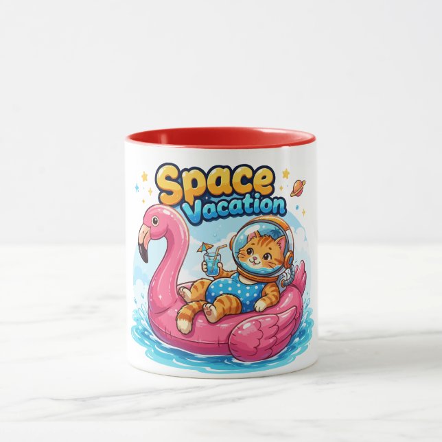 Caneca Design de Férias do Gato Espacial Kawaii (Centro)