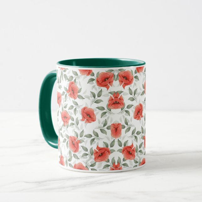 Caneca Design de Flores de Papoila Vermelha (Frente Esquerda)