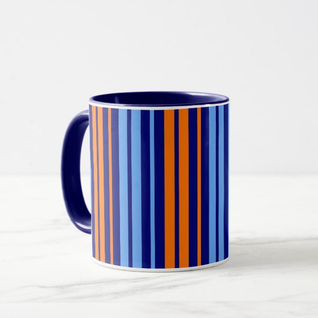 Caneca Design de Listras Verticais Laranja Ciano Marinho  (Frente Esquerda)