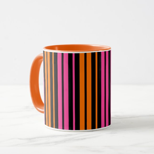 Caneca Design de Listras Verticais Laranja Preto Rosa   (Frente Esquerda)