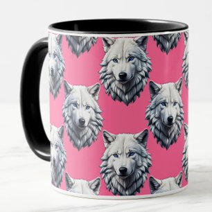 Caneca Design de padrão de cabeça de lobo branco rosa