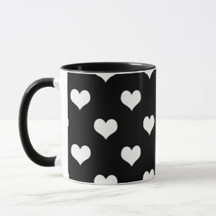 Caneca Design de Padrão de Coração de Amor Branco Negro