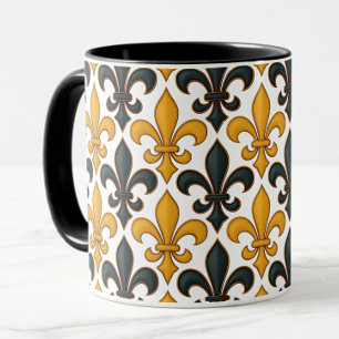 Caneca Design de padrão do barroco negro amarelo Fleur-de