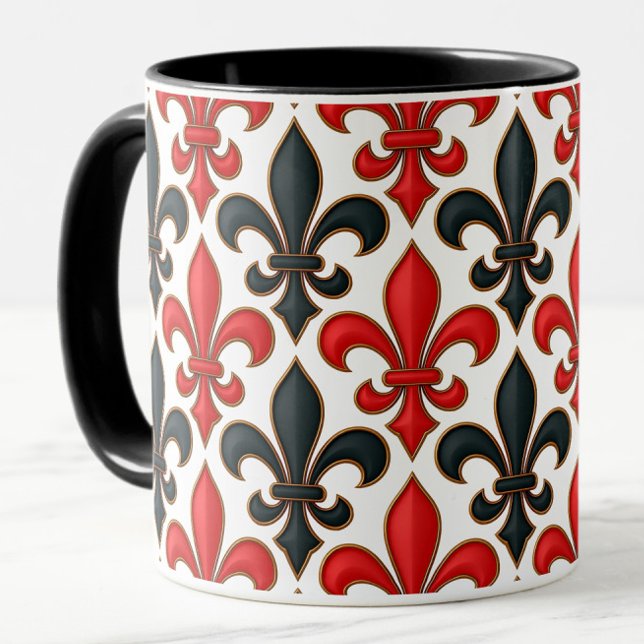 Caneca Design de padrão do Red Black Barroco Fleur-de-lis (Criador carregado)