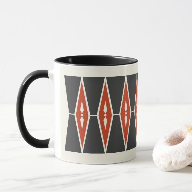 Caneca Design de Padrão Geométrico Nórdico Vermelho e Neg (Com Donut)
