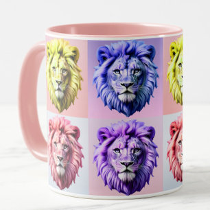 Caneca Design de padrão xadrez cabeça de leão cor pastel 