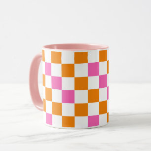 Caneca Design de padrão xadrez laranja branco rosa