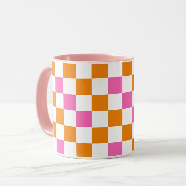 Caneca Design de padrão xadrez laranja branco rosa (Frente Esquerda)