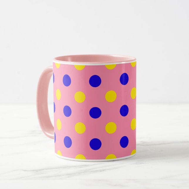 Caneca Design de Pontos Polka Azul Rosa Amarelo  (Frente Esquerda)