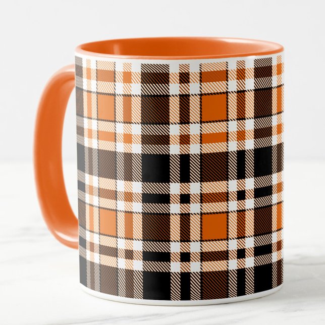 Caneca Design do Padrão do Flannel Branco Laranja Preto d (Criador carregado)