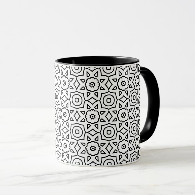 Caneca Design Geométrico Floral Preto e Branco Monocromát (Frente Esquerda)