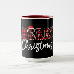 Caneca Design Plaid MERRY com Chapéu de Papai Noel 