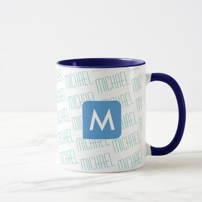 Caneca design seu próprio nome padrão cor azul (Direita)