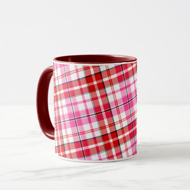 Caneca Design Xadrez Escocês Branco Rosa Vermelho  (Frente Esquerda)