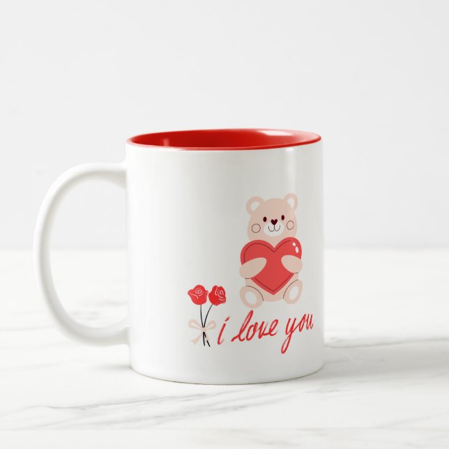 caneca designer romântico urso  com coração e flor (Esquerda)