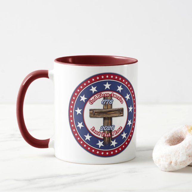 Caneca Deus Abençoe a América Terra Que Eu Amo Cruz Ásper (Com Donut)