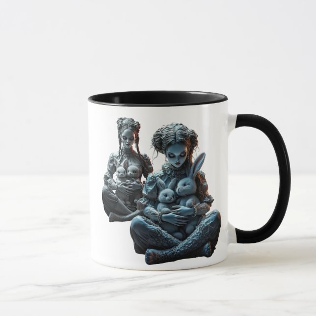 Caneca Deux poupées câlinent leurs lapins. (Direita)