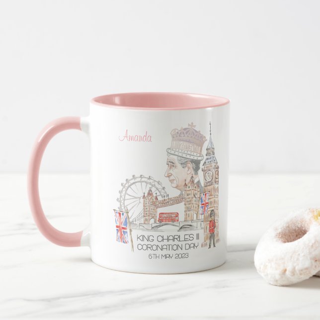 Caneca Dia da coroação 2023 Personalizado pelo Rei Carlos (Com Donut)