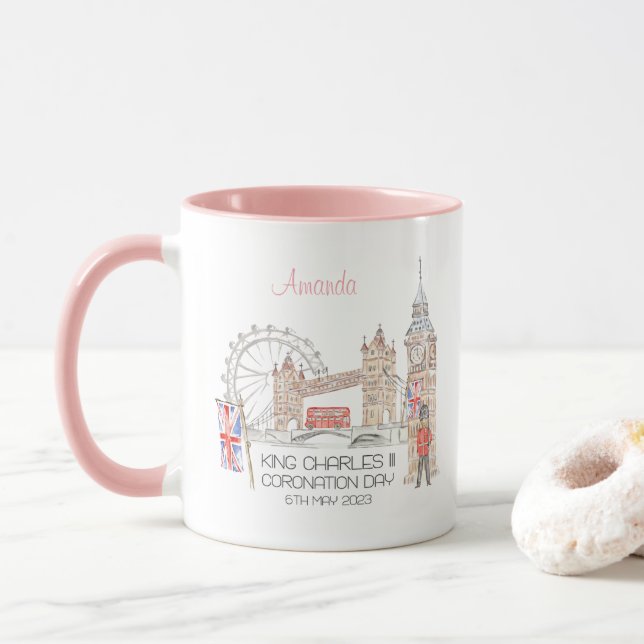 Caneca Dia da coroação 2023 Personalizado pelo Rei Carlos (Com Donut)