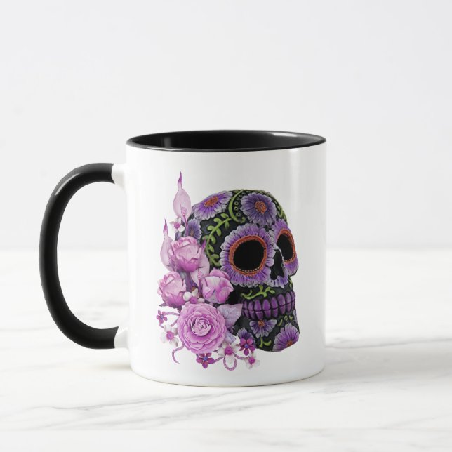 Caneca Dia da Morte - Pano De Açúcar Preto, Floral, Rosa (Esquerda)