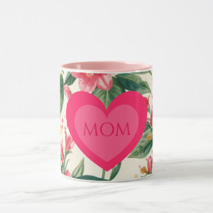Caneca Dia das Mães, Coração de Amor Rosa e Padrão de Flo