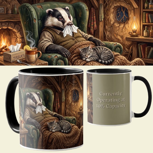 Caneca Dia de Doença do Texugo Engraçado Humor de Hiberna (Get well soon mug. Poorly Badger feeling under the weather with lap cat gift for sick days)