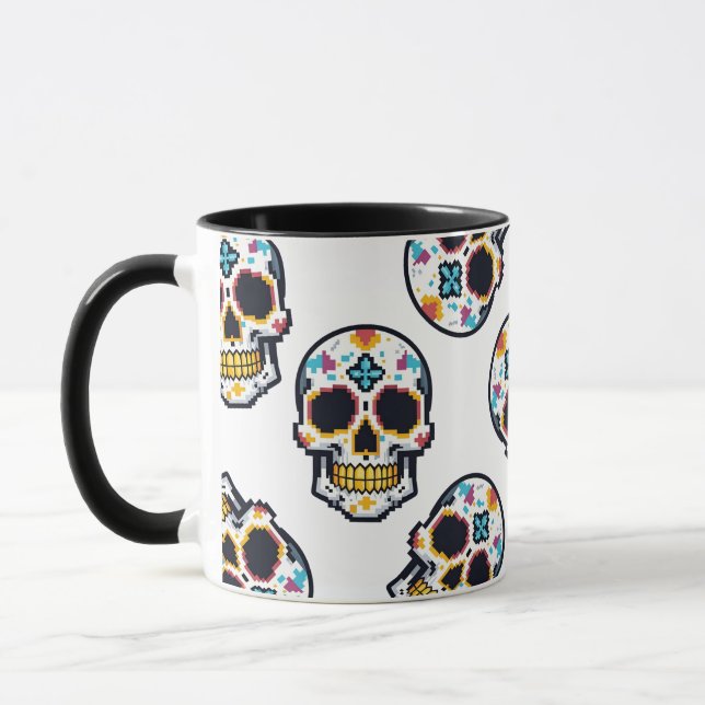 Caneca Dia De Los Muertos Pixelated Skull Pattern (Esquerda)