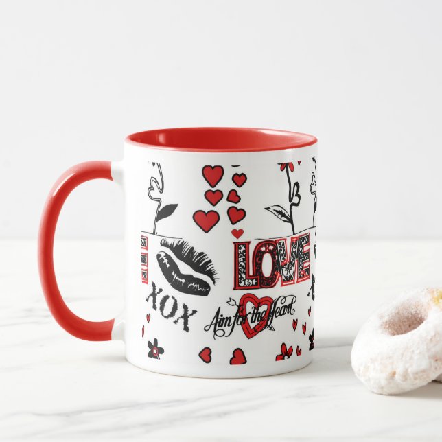 Caneca Dia de os namorados branco-preto vermelho (Com Donut)