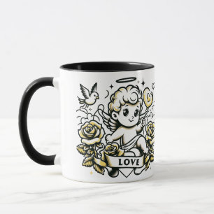 Caneca Dia de os namorados-cupido com rosas amarelas e po