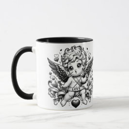 Caneca Dia de os namorados-cupido com rosas e pomba