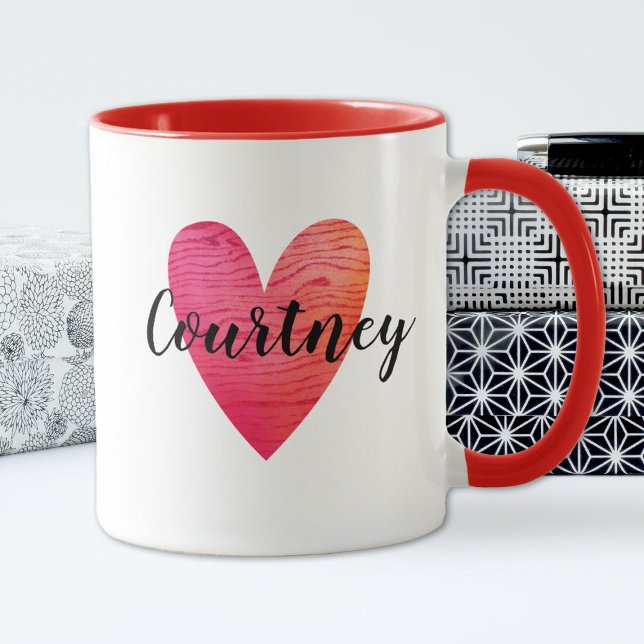Caneca Dia de os namorados Vermelho  Cinto Personalizado (A cute red heart with a wood texture personalized with your name)