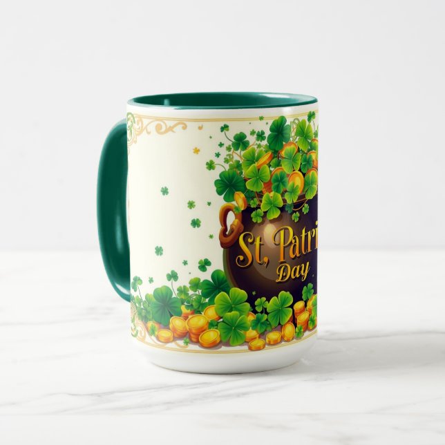 Caneca Dia de São Patrício Pote de Ouro e Trevo (Frente Esquerda)