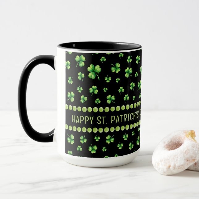 Caneca Dia de São Patrício Trevo de Aquarela em preto (Com Donut)