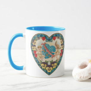 Caneca Dia dos Namorados Antigo, Anjos Vintage em um Cora