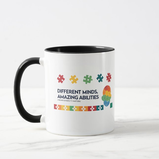 Caneca Different Minds Amazing Abilities Awareness Art (Esquerda)