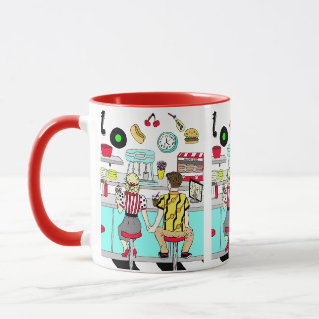 Caneca Diner Retro Casal Segurando a Era de 1950 (Esquerda)