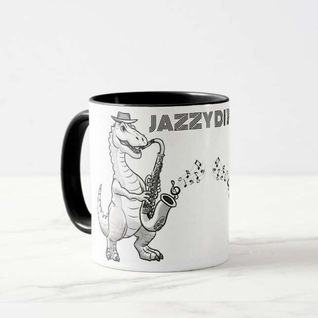 Caneca Dinossauro tocando saxofone Mug (Frente Esquerda)