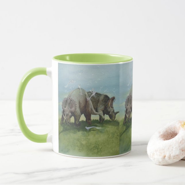 Caneca Dinossauros Vintage, Centrosaurus Pastando em Prad (Com Donut)