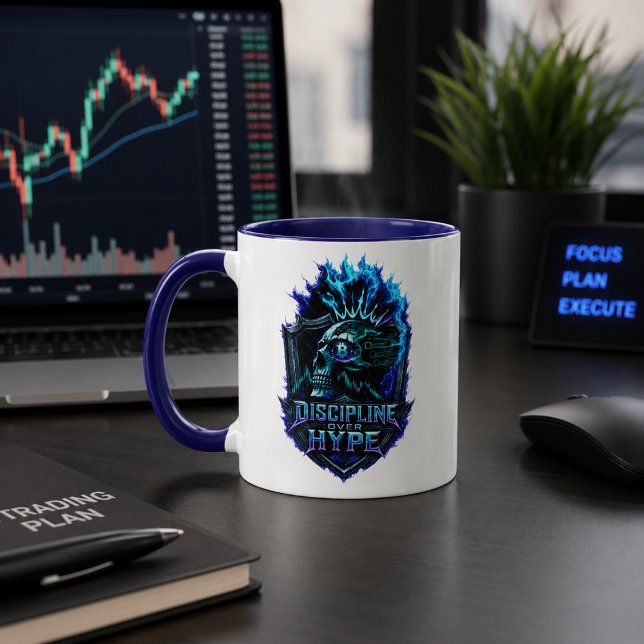 Caneca Disciplina Sobre Hype Brilho Azul Bitcoin Cripto (Product image shown for illustration purposes only.)