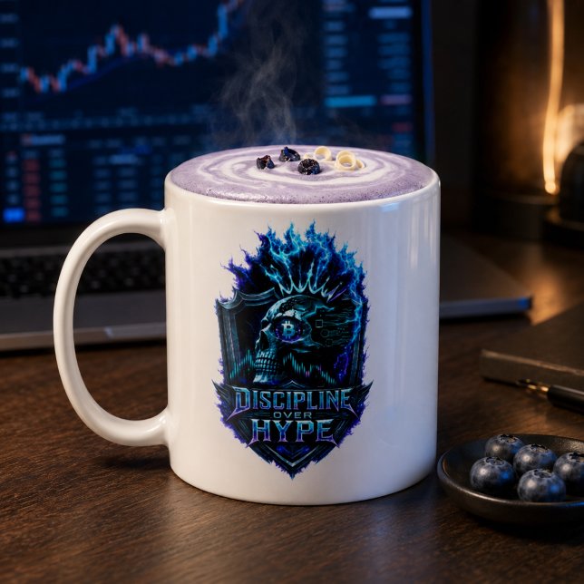 Caneca Disciplina Sobre Hype Brilho Azul Bitcoin Cripto (Criador carregado)