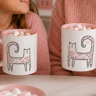Caneca Divertido Gato Floral Rosa Pense Rosa