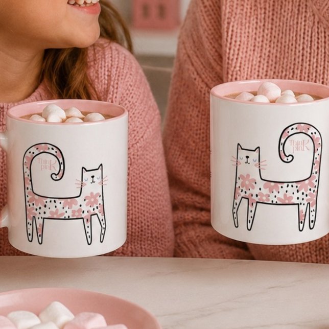 Caneca Divertido Gato Floral Rosa Pense Rosa (Criador carregado)