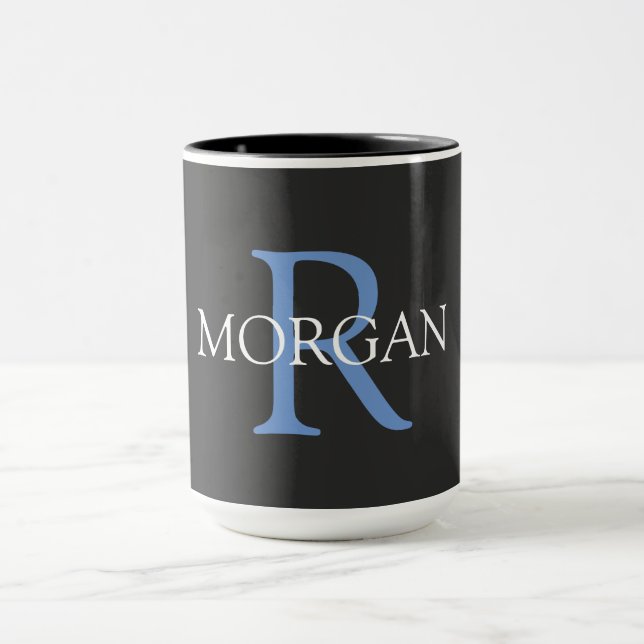Caneca DIY Monograma & Nome, Preto, Azul e Branco (Centro)
