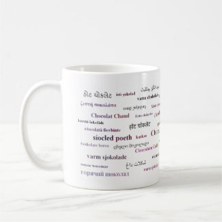 Caneca do chocolate quente nas línguas diferentes