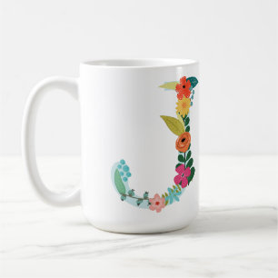 Caneca do monograma de J, inicial floral de J,
