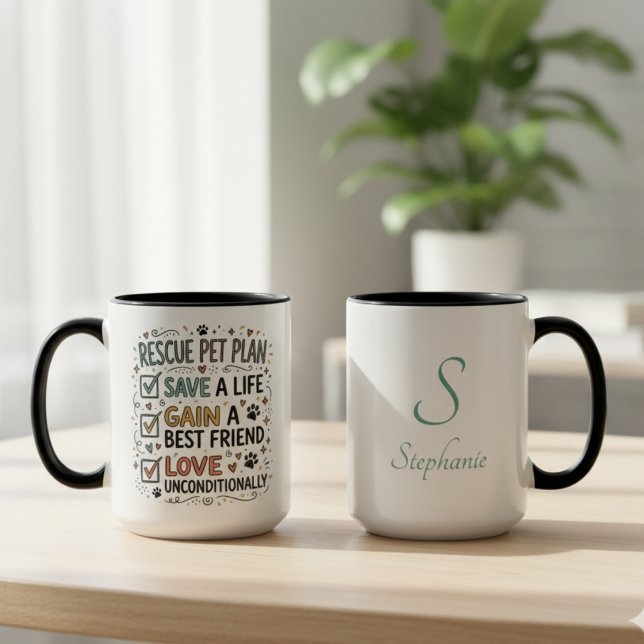 Caneca do Plano de Resgate de Animais de Estimação (This black and white mug features a "Rescue Pet Plan" design, perfect for any animal rescue advocate)