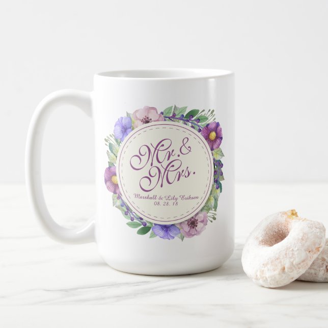 Caneca do Sr. & da Sra. Elegante Floral Casamento (Com Donut)